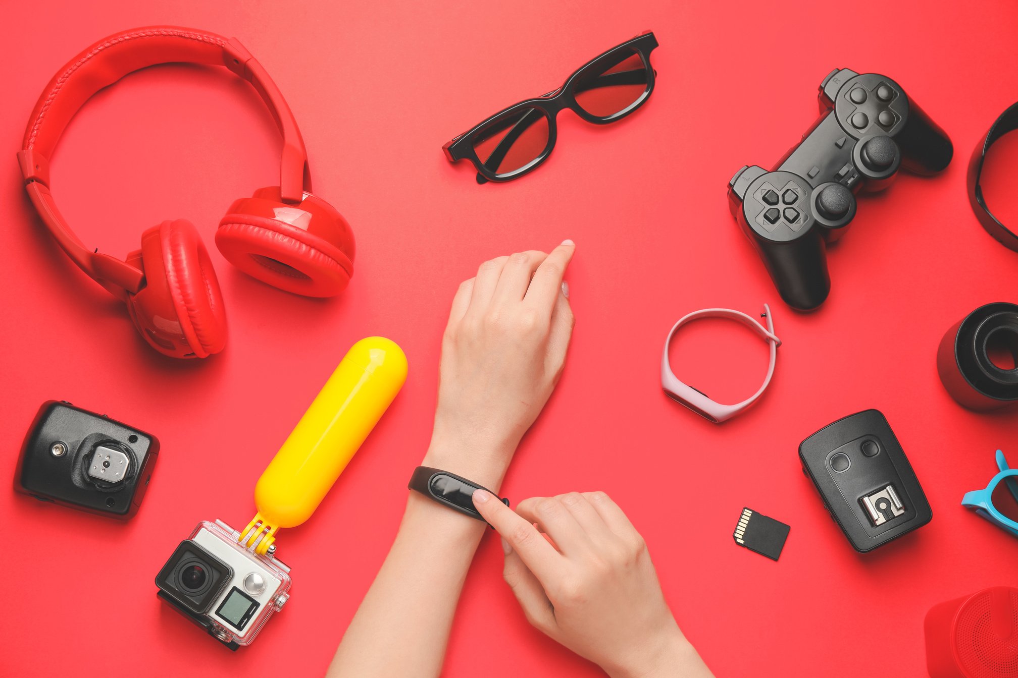 Modern Devices on Red Background